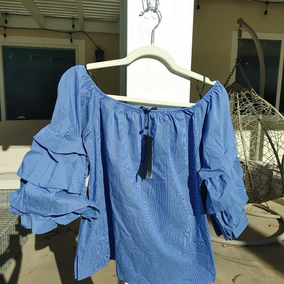 NWT ZARA Off Shoulder Cotton Blend Layered Ruffle Bubble Sleeve Blouse Top. M - Picture 3 of 7